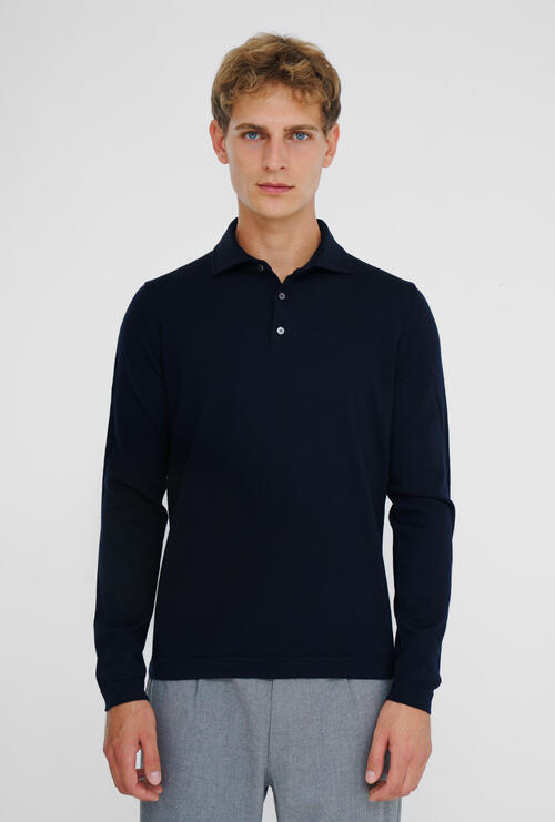 Polo con collo a camicia in pura lana pettina Blu Navy