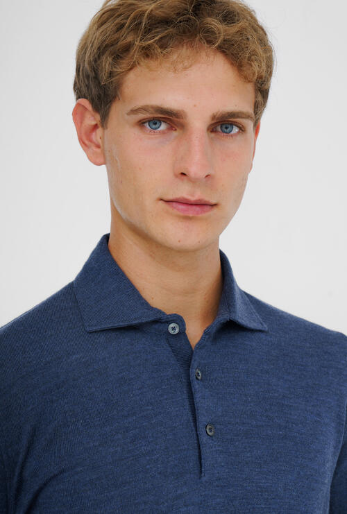 Polo con collo a camicia in pura lana pettina Blu jeans