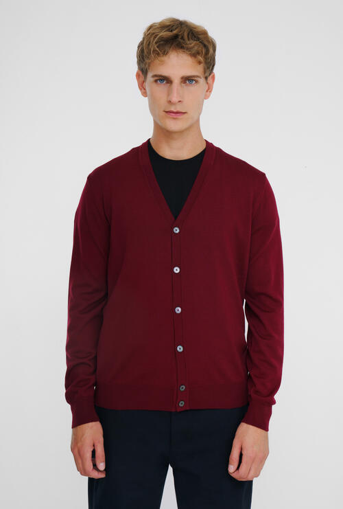Cardigan in pura lana pettinata Bordeaux