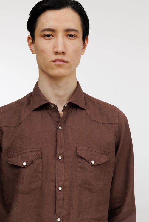 Camicia Texana in lino Marrone